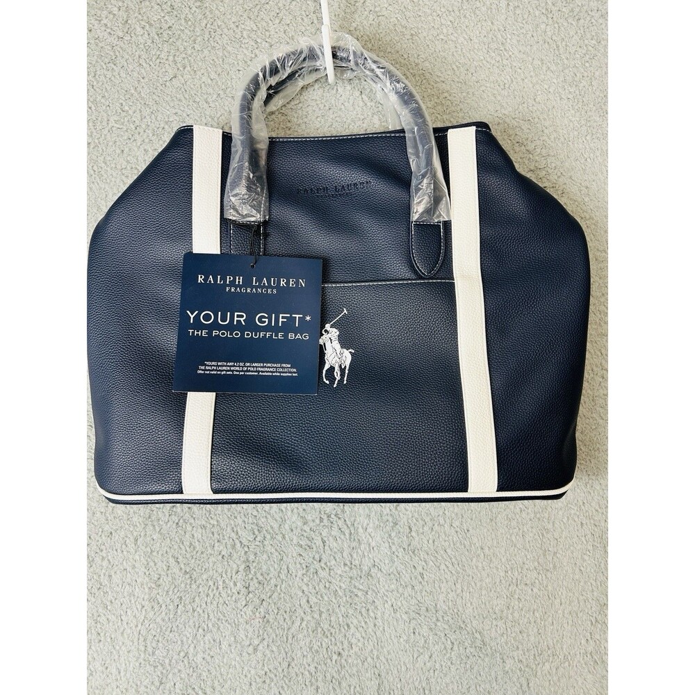 Ralph Lauren Fragrances POLO Duffle Bag Navy Blue White Faux Leather Travel NWT